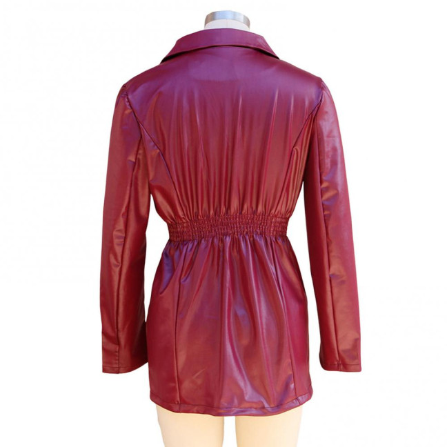 Women Coat Elastic Slim Waist Smooth Surface Faux Leather Turn-down Collar Jacket Mid Length Solid Color Double-breasted Outerwear 