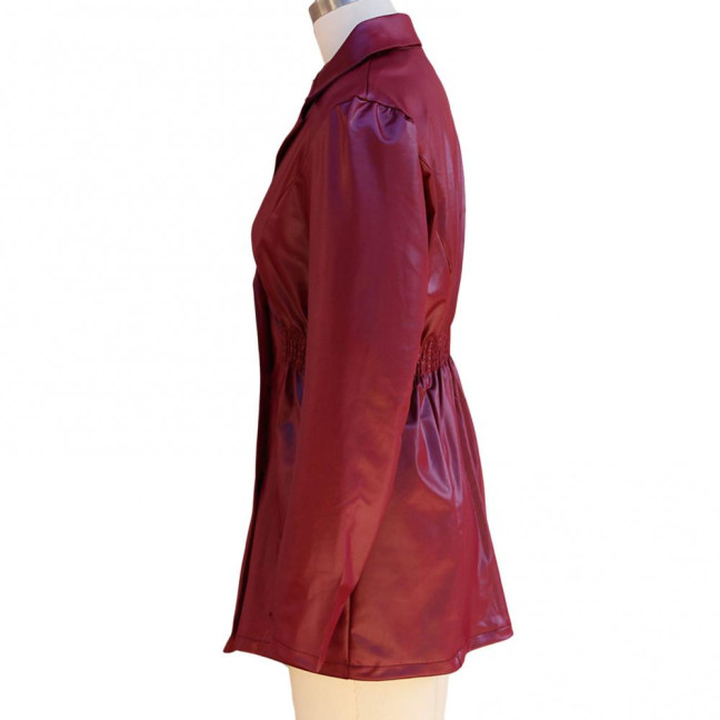 Women Coat Elastic Slim Waist Smooth Surface Faux Leather Turn-down Collar Jacket Mid Length Solid Color Double-breasted Outerwear 