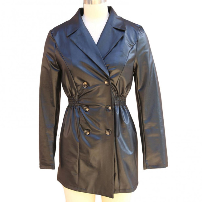Women Coat Elastic Slim Waist Smooth Surface Faux Leather Turn-down Collar Jacket Mid Length Solid Color Double-breasted Outerwear 