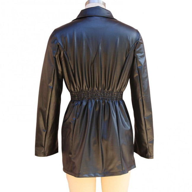 Women Coat Elastic Slim Waist Smooth Surface Faux Leather Turn-down Collar Jacket Mid Length Solid Color Double-breasted Outerwear 