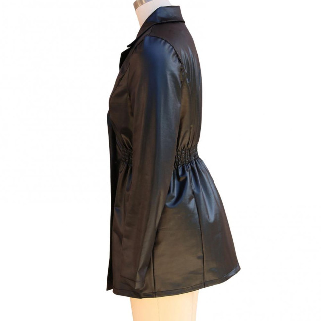 Women Coat Elastic Slim Waist Smooth Surface Faux Leather Turn-down Collar Jacket Mid Length Solid Color Double-breasted Outerwear 
