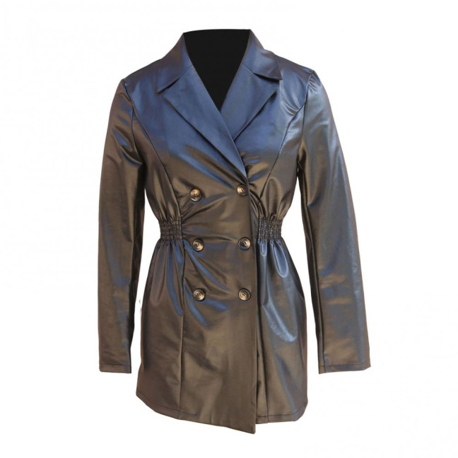 Women Coat Elastic Slim Waist Smooth Surface Faux Leather Turn-down Collar Jacket Mid Length Solid Color Double-breasted Outerwear 