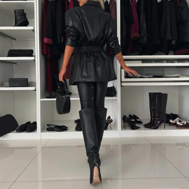 Women Coat Elastic Slim Waist Smooth Surface Faux Leather Turn-down Collar Jacket Mid Length Solid Color Double-breasted Outerwear 