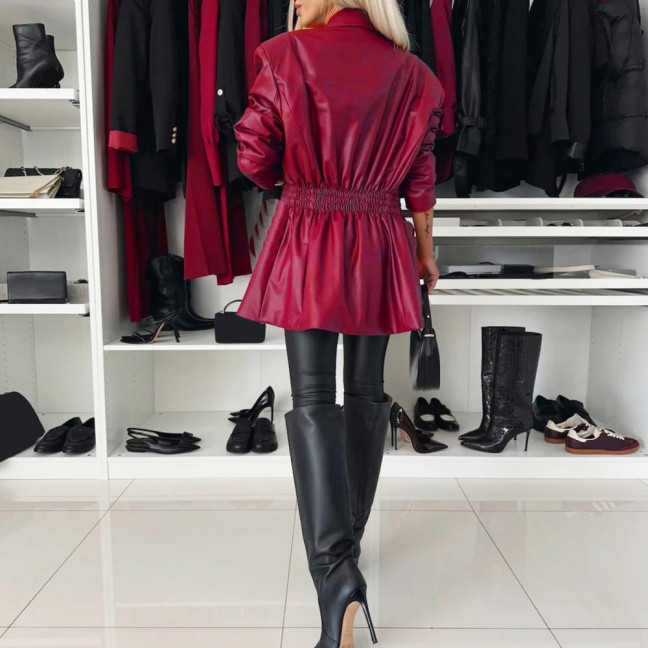 Women Coat Elastic Slim Waist Smooth Surface Faux Leather Turn-down Collar Jacket Mid Length Solid Color Double-breasted Outerwear 