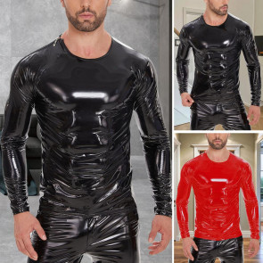 Men's Liquid Shiny Faux Leather Top Metallic Wet Look Long Sleeve Tee Zipper Shoulder Slim Fit Shirt Hip Hop Nightclub Party Blouse