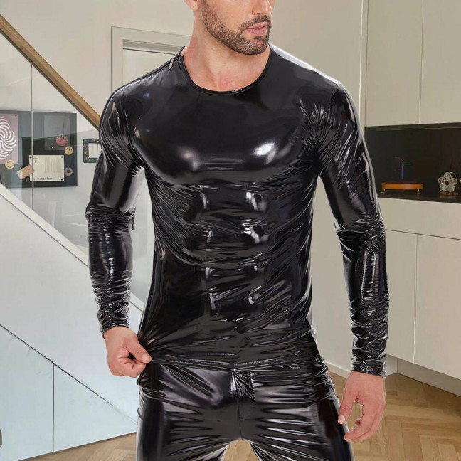 Men's Liquid Shiny Faux Leather Top Metallic Wet Look Long Sleeve Tee Zipper Shoulder Slim Fit Shirt Hip Hop Nightclub Party Blouse