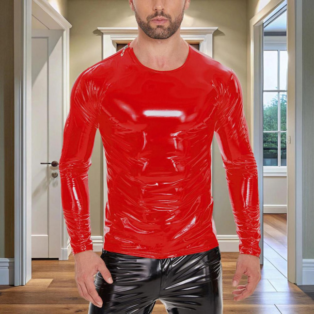 Men's Liquid Shiny Faux Leather Top Metallic Wet Look Long Sleeve Tee Zipper Shoulder Slim Fit Shirt Hip Hop Nightclub Party Blouse