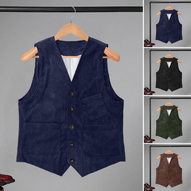 Men Corduroy Vest Coat V-neck Sleeveless Single Breasted Buttons Waistcoat with Pockets Solid Color Vest Jacket