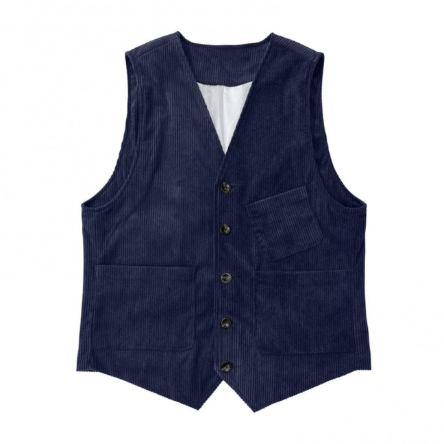 Men Corduroy Vest Coat V-neck Sleeveless Single Breasted Buttons Waistcoat with Pockets Solid Color Vest Jacket