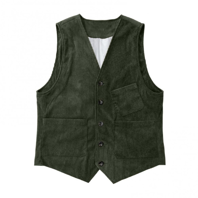 Men Corduroy Vest Coat V-neck Sleeveless Single Breasted Buttons Waistcoat with Pockets Solid Color Vest Jacket