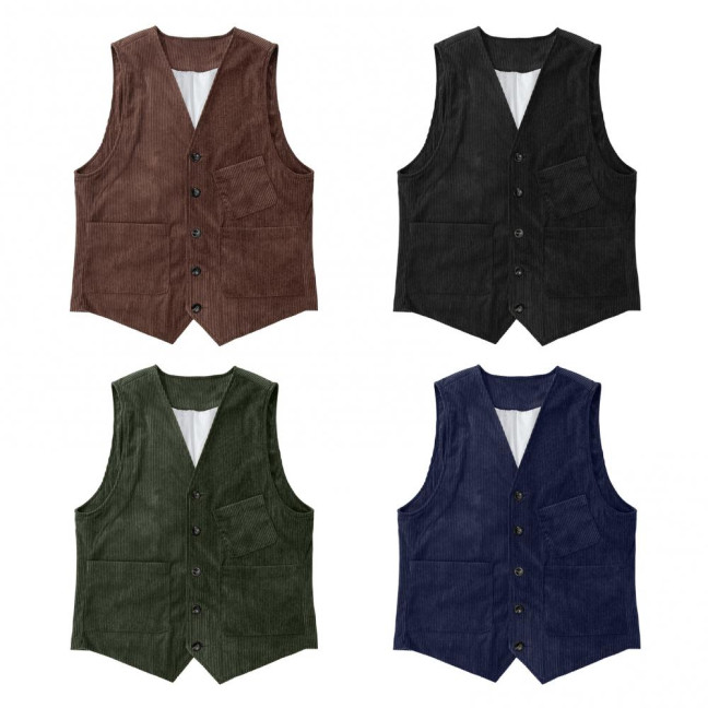 Men Corduroy Vest Coat V-neck Sleeveless Single Breasted Buttons Waistcoat with Pockets Solid Color Vest Jacket
