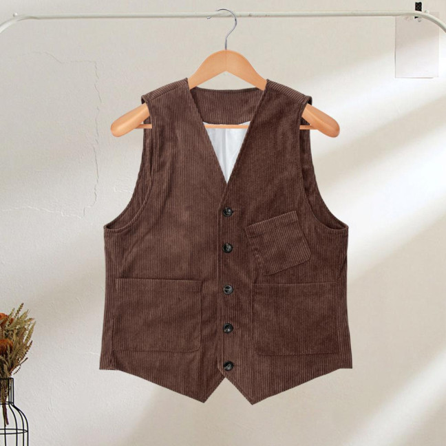 Men Corduroy Vest Coat V-neck Sleeveless Single Breasted Buttons Waistcoat with Pockets Solid Color Vest Jacket