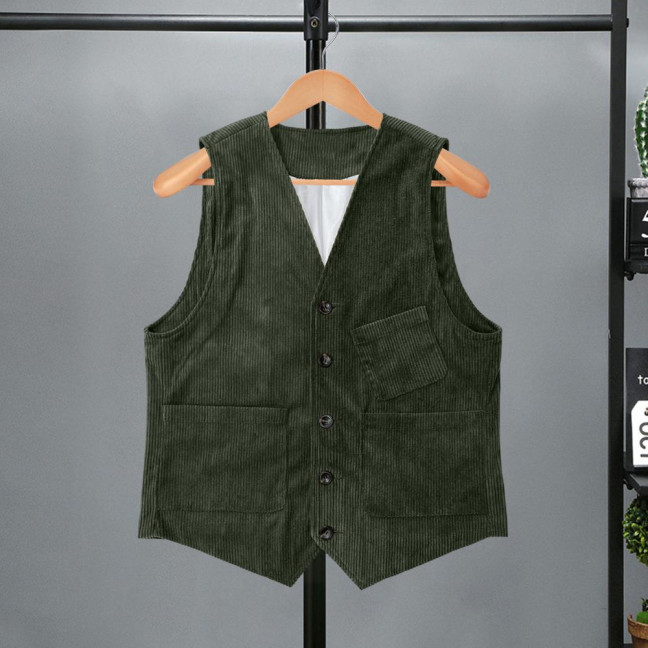 Men Corduroy Vest Coat V-neck Sleeveless Single Breasted Buttons Waistcoat with Pockets Solid Color Vest Jacket