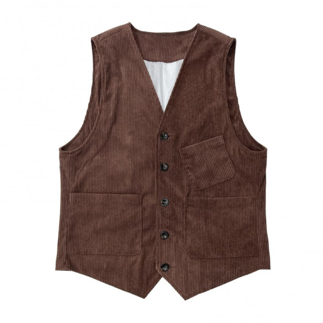 Men Corduroy Vest Coat V-neck Sleeveless Single Breasted Buttons Waistcoat with Pockets Solid Color Vest Jacket