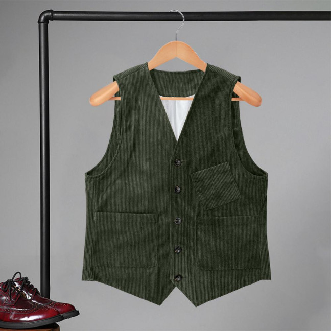 Men Corduroy Vest Coat V-neck Sleeveless Single Breasted Buttons Waistcoat with Pockets Solid Color Vest Jacket