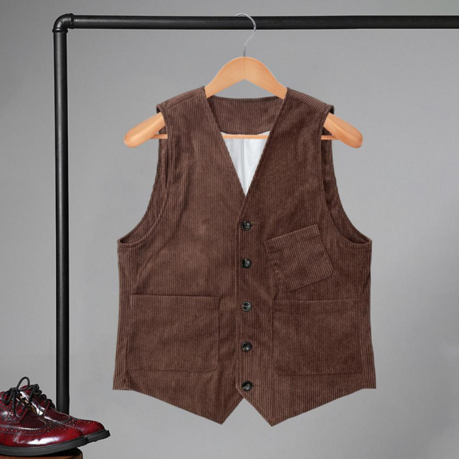 Men Corduroy Vest Coat V-neck Sleeveless Single Breasted Buttons Waistcoat with Pockets Solid Color Vest Jacket