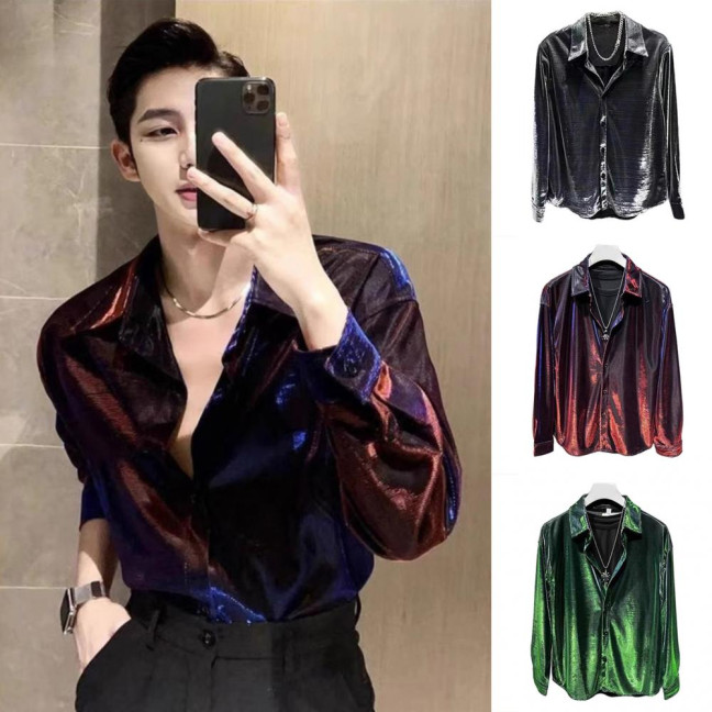 Men Shirt Turn-down Collar Loose Glossy Surface Single-breasted Loose Long Sleeve Top Club Party Casual Formal Wear Shirt 