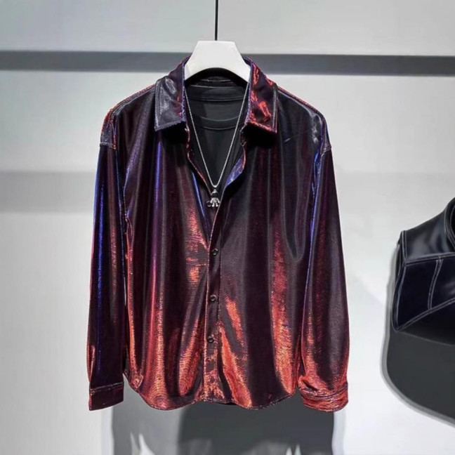 Men Shirt Turn-down Collar Loose Glossy Surface Single-breasted Loose Long Sleeve Top Club Party Casual Formal Wear Shirt 