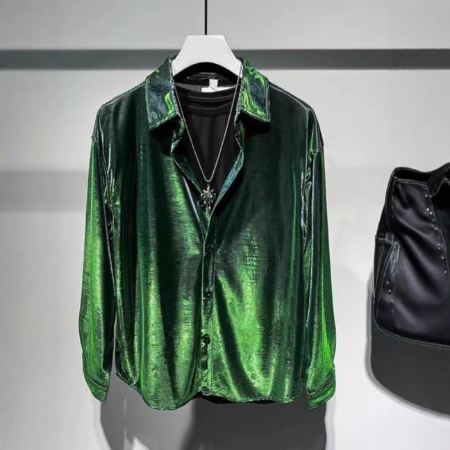 Men Shirt Turn-down Collar Loose Glossy Surface Single-breasted Loose Long Sleeve Top Club Party Casual Formal Wear Shirt 