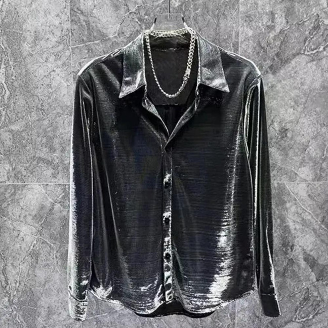 Men Shirt Turn-down Collar Loose Glossy Surface Single-breasted Loose Long Sleeve Top Club Party Casual Formal Wear Shirt 