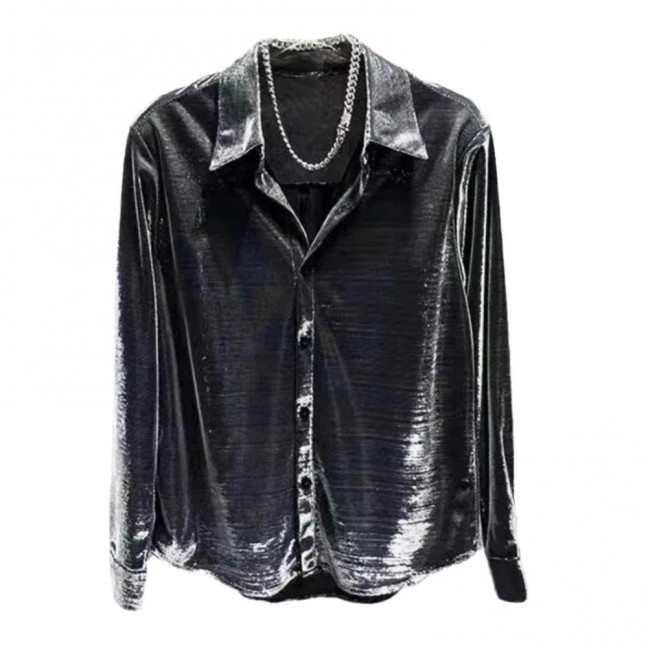 Men Shirt Turn-down Collar Loose Glossy Surface Single-breasted Loose Long Sleeve Top Club Party Casual Formal Wear Shirt 