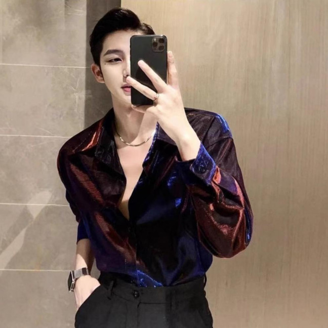 Men Shirt Turn-down Collar Loose Glossy Surface Single-breasted Loose Long Sleeve Top Club Party Casual Formal Wear Shirt 