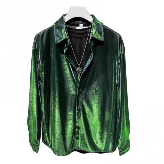 Men Shirt Turn-down Collar Loose Glossy Surface Single-breasted Loose Long Sleeve Top Club Party Casual Formal Wear Shirt 