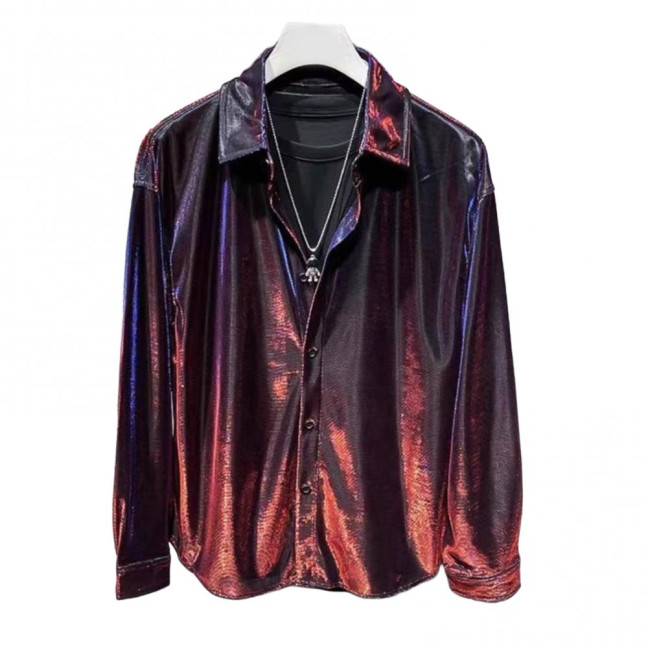 Men Shirt Turn-down Collar Loose Glossy Surface Single-breasted Loose Long Sleeve Top Club Party Casual Formal Wear Shirt 