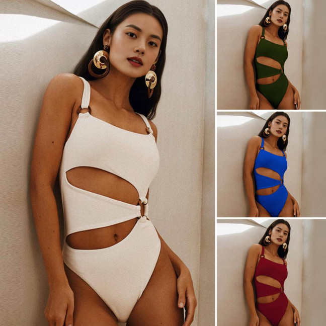 Women Monokini Padded Underwire Solid Color Square Neck One-Piece Bikini with Hollow Design Beach Vacation Swimwear