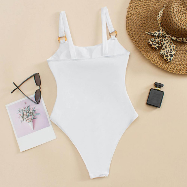 Women Monokini Padded Underwire Solid Color Square Neck One-Piece Bikini with Hollow Design Beach Vacation Swimwear
