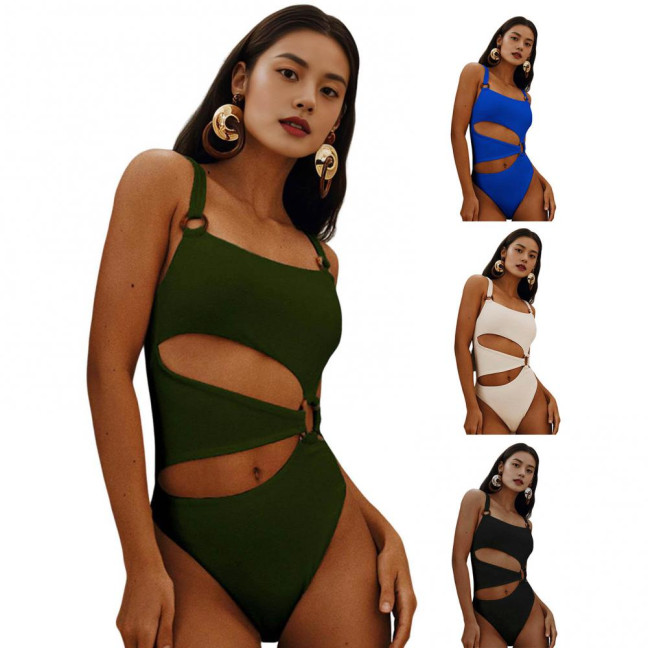 Women Monokini Padded Underwire Solid Color Square Neck One-Piece Bikini with Hollow Design Beach Vacation Swimwear