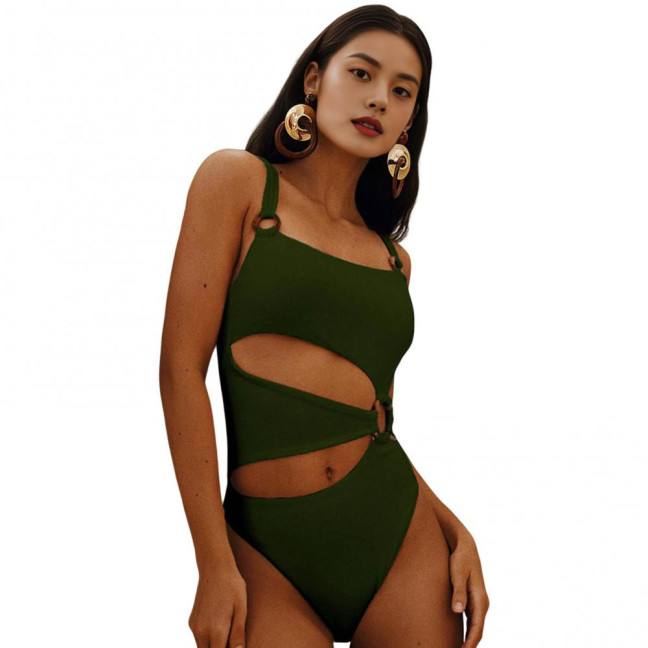 Women Monokini Padded Underwire Solid Color Square Neck One-Piece Bikini with Hollow Design Beach Vacation Swimwear