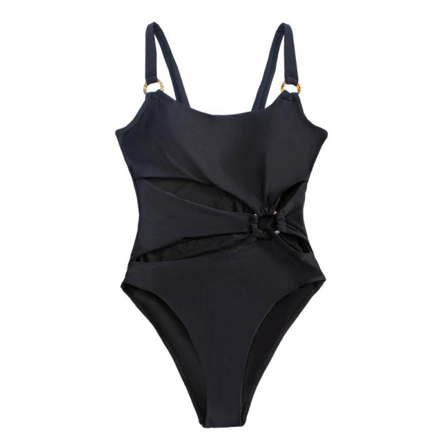 Women Monokini Padded Underwire Solid Color Square Neck One-Piece Bikini with Hollow Design Beach Vacation Swimwear