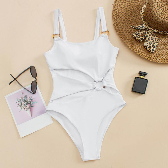 Women Monokini Padded Underwire Solid Color Square Neck One-Piece Bikini with Hollow Design Beach Vacation Swimwear
