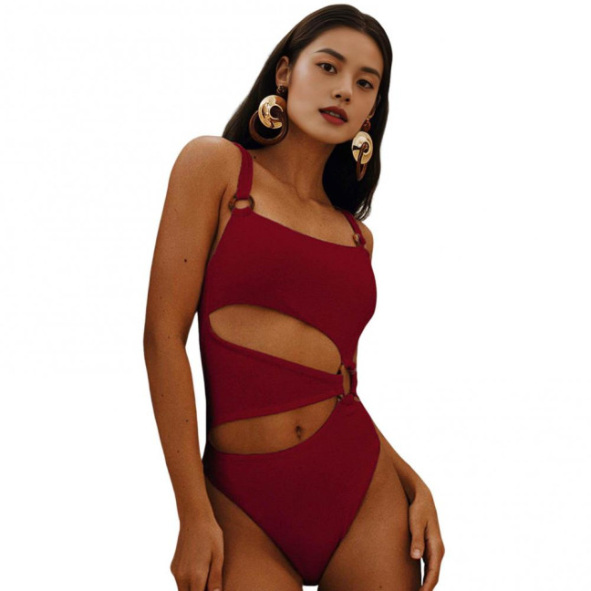 Women Monokini Padded Underwire Solid Color Square Neck One-Piece Bikini with Hollow Design Beach Vacation Swimwear