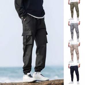 Men Cargo Pants Japanese Style with Multi-Pocket Design Drawstring Elastic Waist Ankle-banded Loose Trousers for Hiking Work Travel 
