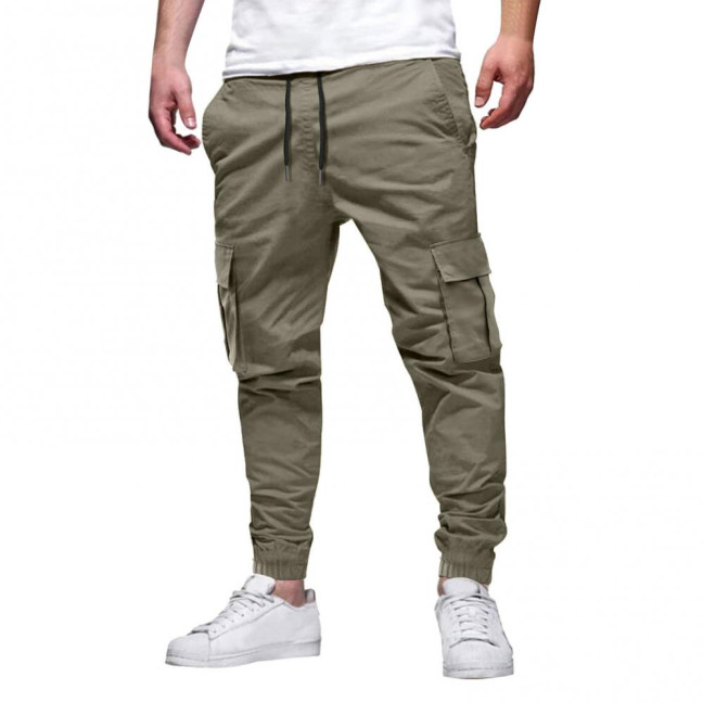 Men Cargo Pants Japanese Style with Multi-Pocket Design Drawstring Elastic Waist Ankle-banded Loose Trousers for Hiking Work Travel 