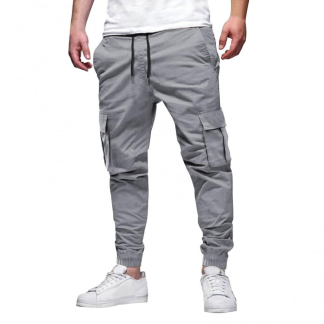 Men Cargo Pants Japanese Style with Multi-Pocket Design Drawstring Elastic Waist Ankle-banded Loose Trousers for Hiking Work Travel 