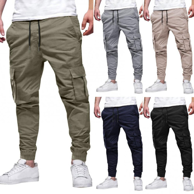 Men Cargo Pants Japanese Style with Multi-Pocket Design Drawstring Elastic Waist Ankle-banded Loose Trousers for Hiking Work Travel 