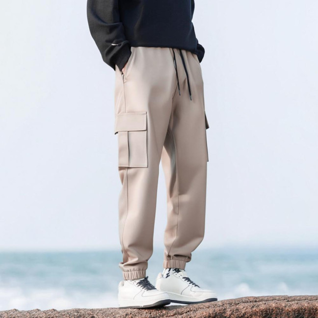 Men Cargo Pants Japanese Style with Multi-Pocket Design Drawstring Elastic Waist Ankle-banded Loose Trousers for Hiking Work Travel 