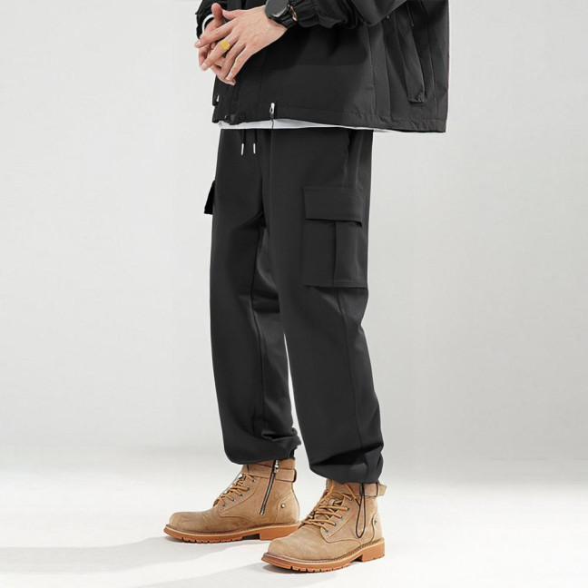 Men Cargo Pants Japanese Style with Multi-Pocket Design Drawstring Elastic Waist Ankle-banded Loose Trousers for Hiking Work Travel 