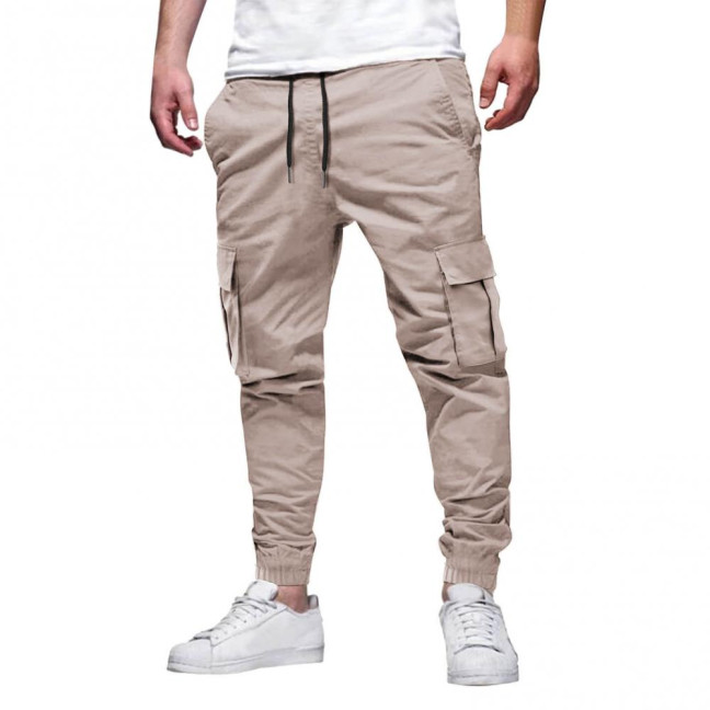 Men Cargo Pants Japanese Style with Multi-Pocket Design Drawstring Elastic Waist Ankle-banded Loose Trousers for Hiking Work Travel 