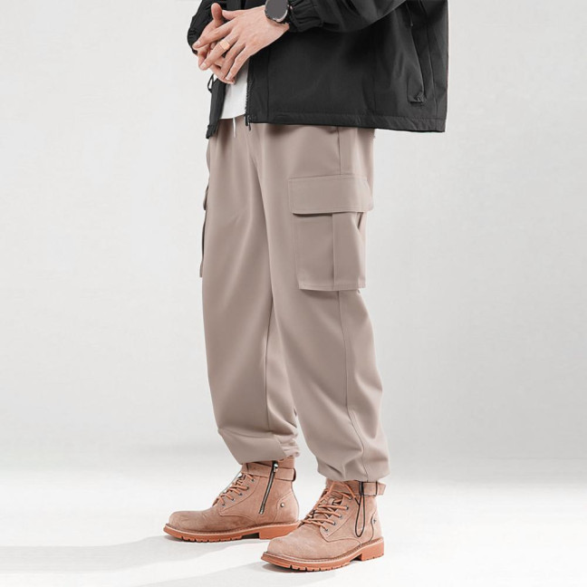 Men Cargo Pants Japanese Style with Multi-Pocket Design Drawstring Elastic Waist Ankle-banded Loose Trousers for Hiking Work Travel 