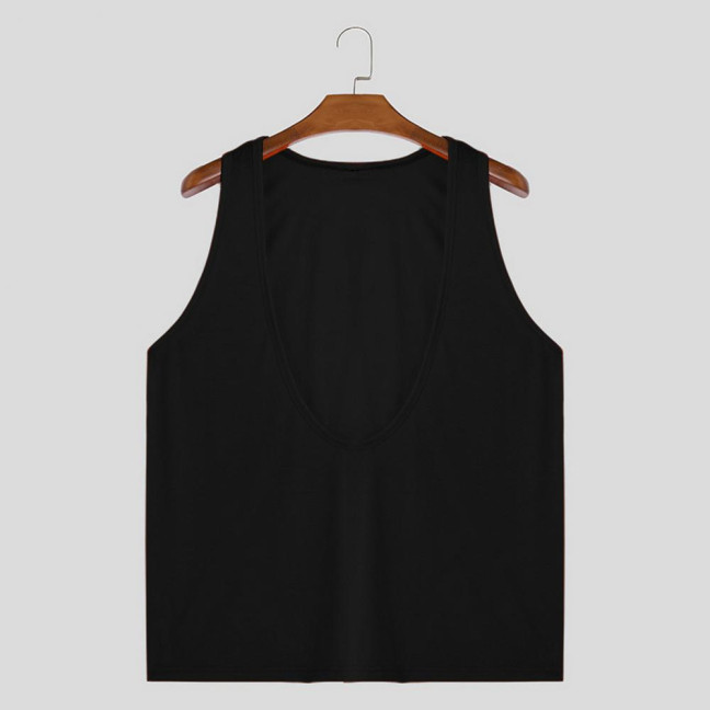 Men Sport Vest Deep V-Neck Wide Straps Sleeveless Solid Color Tank Tops Loose Fit Casual Versatile Vest