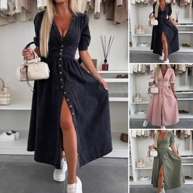 Women's Denim Long Dress V-Neck Short Sleeve Button Down Maxi Dress Casual Jean Dress for Spring Summer