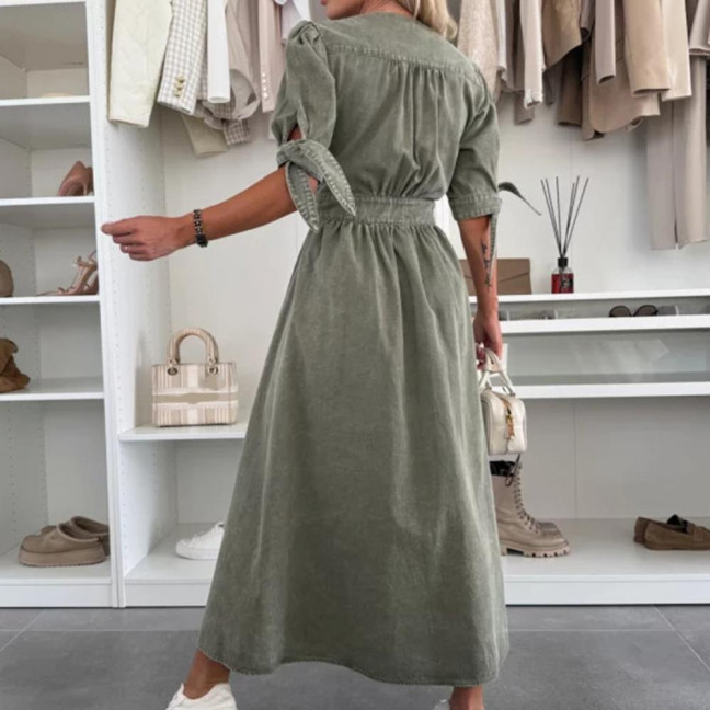 Women's Denim Long Dress V-Neck Short Sleeve Button Down Maxi Dress Casual Jean Dress for Spring Summer