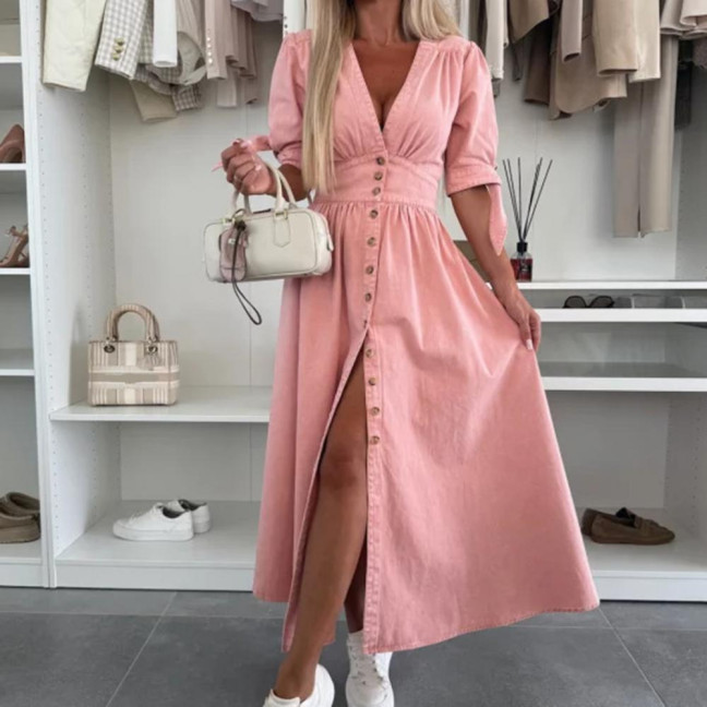 Women's Denim Long Dress V-Neck Short Sleeve Button Down Maxi Dress Casual Jean Dress for Spring Summer