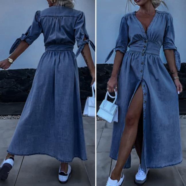 Women's Denim Long Dress V-Neck Short Sleeve Button Down Maxi Dress Casual Jean Dress for Spring Summer