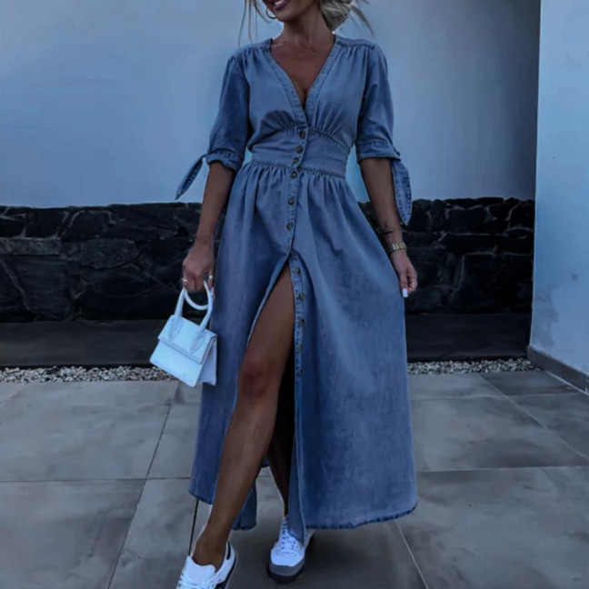 Women's Denim Long Dress V-Neck Short Sleeve Button Down Maxi Dress Casual Jean Dress for Spring Summer