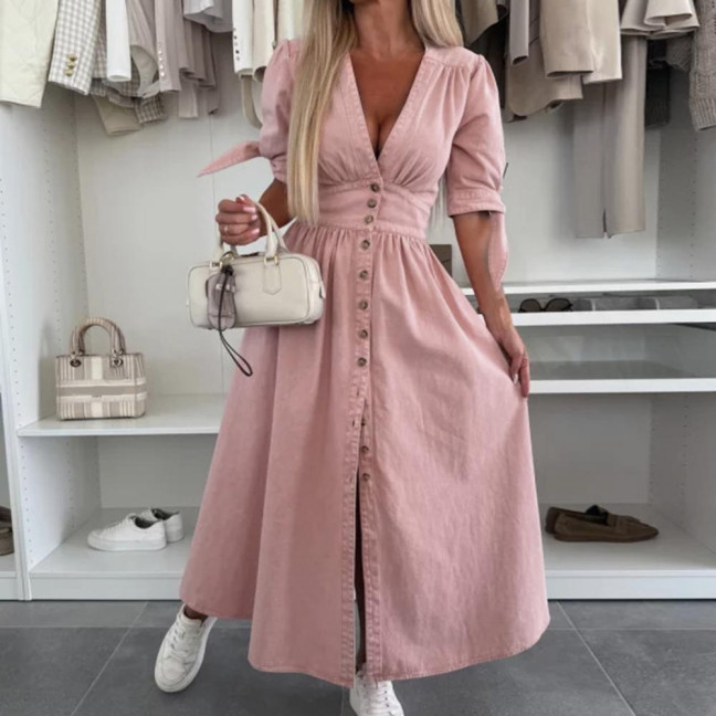 Women's Denim Long Dress V-Neck Short Sleeve Button Down Maxi Dress Casual Jean Dress for Spring Summer
